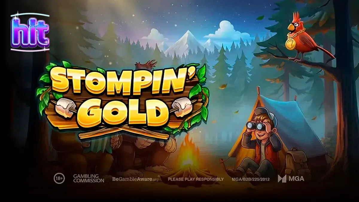 Giao diện trò chơi Stompin’ Gold với bối cảnh rừng sương mù và các nhân vật hoạt hình.